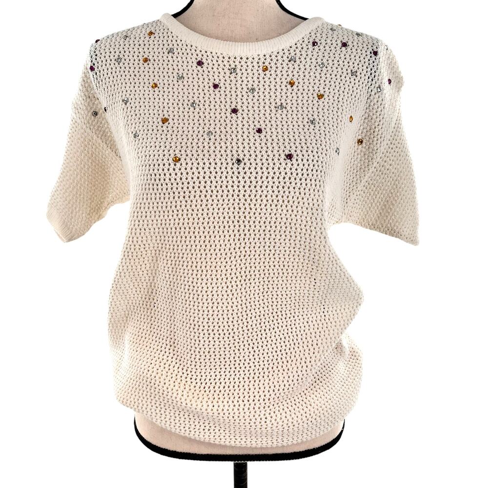 vintage women's open knit crocheted rhinestone short sleeve sweater white small